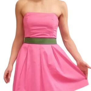 Lilly Pulitzer Pink Strapless Dress Sz 0 Green Belt Knee Length Fit Flare